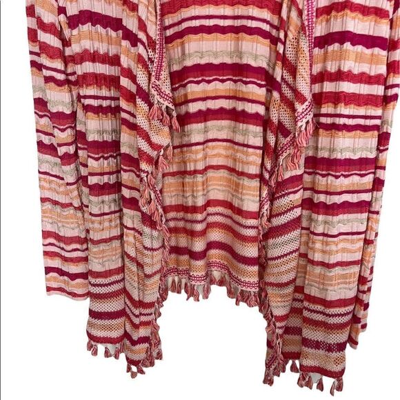 Chico’s Pink Wave Stripe Tassel Boho Open Front Cardigan Size XXL - Picture 7 of 12